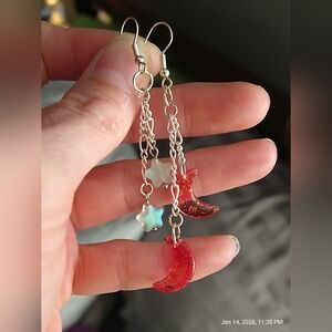 Handmade Mismatched Red Crescent Moon And Faux Moonstone Stars Earrings